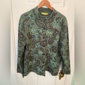 Sigrid Olsen Embroidered 100% Cotton Cardigan Artsy Cottagecore Boho Sweater L